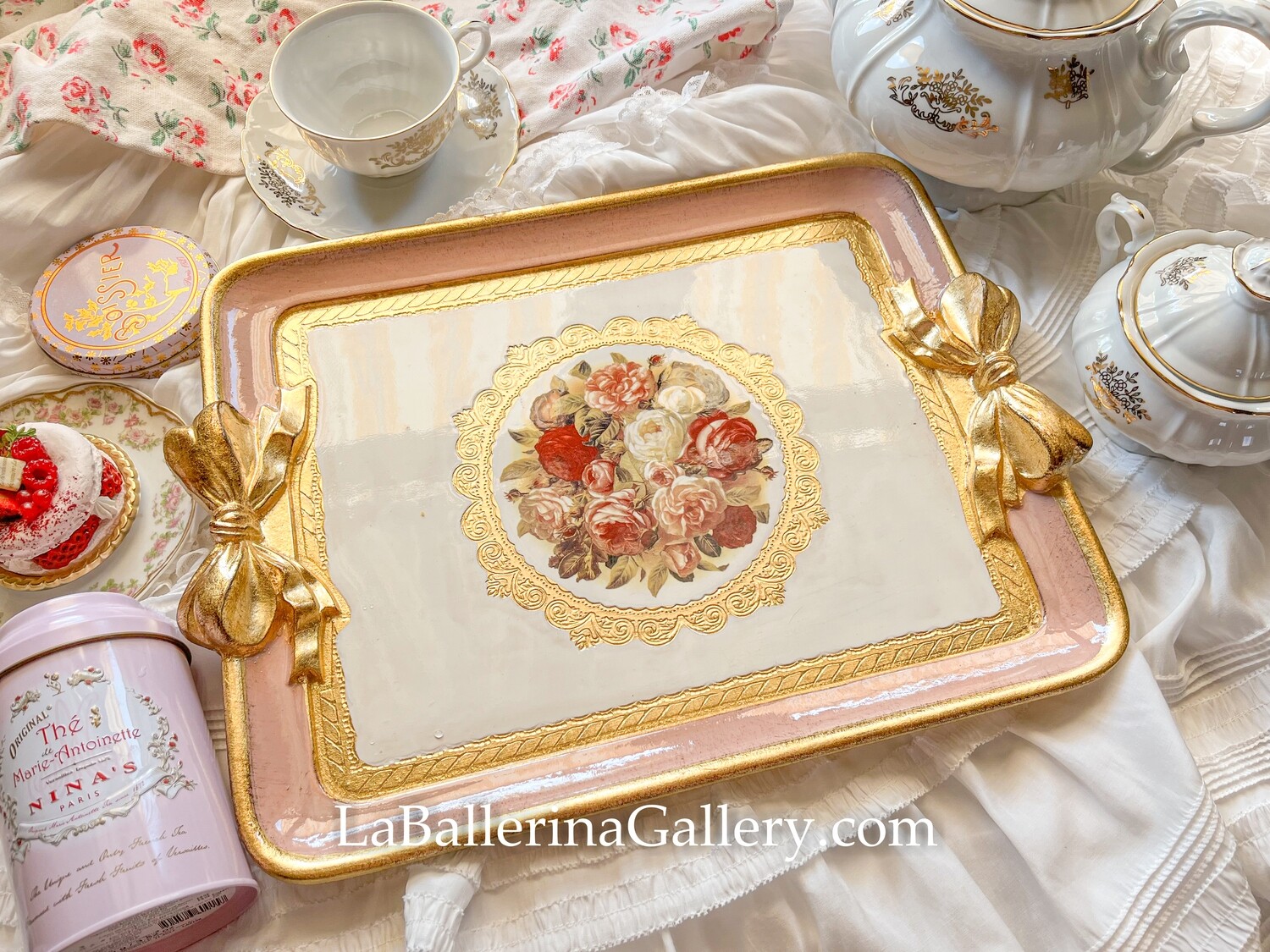 Made to order Florentine tray rose bouquet gold bow ribbon rectangle holder shabby chic baroque rococo wooden decorative tray tea board