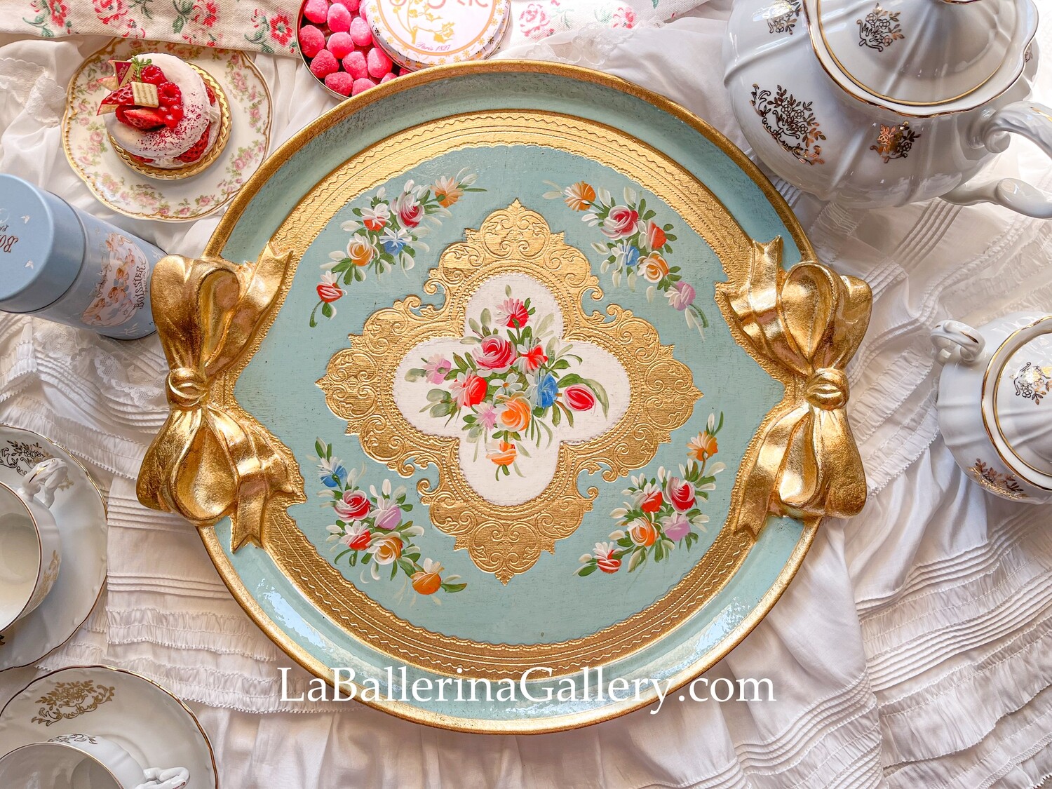 Florentine tray round bow rose large blue