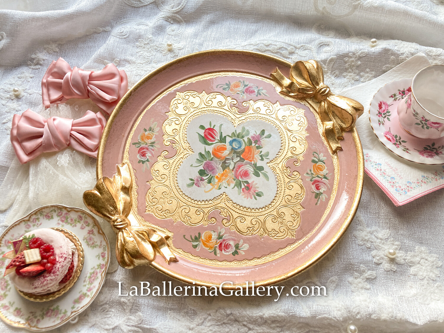 Florentine tray round bow rose pink