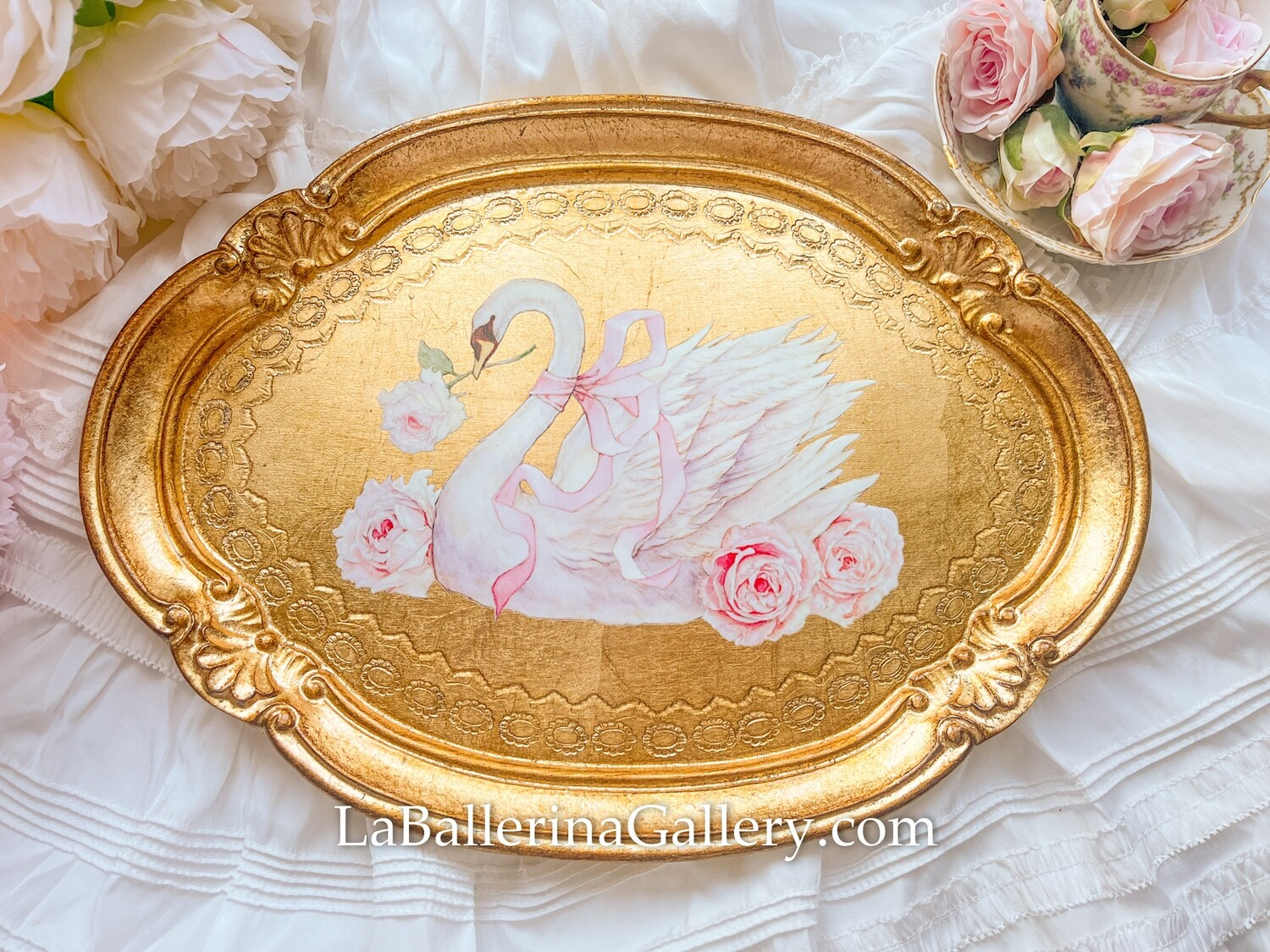 Florentine tray oval swan rose illustration gold  shabby chic baroque rococo wooden decorative tray tea board