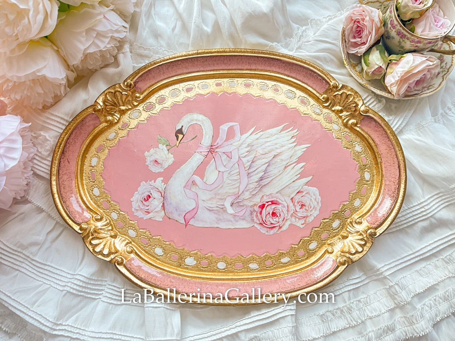 Florentine tray oval swan rose pink lace illustration gold  shabby chic baroque rococo wooden decorative tray tea board