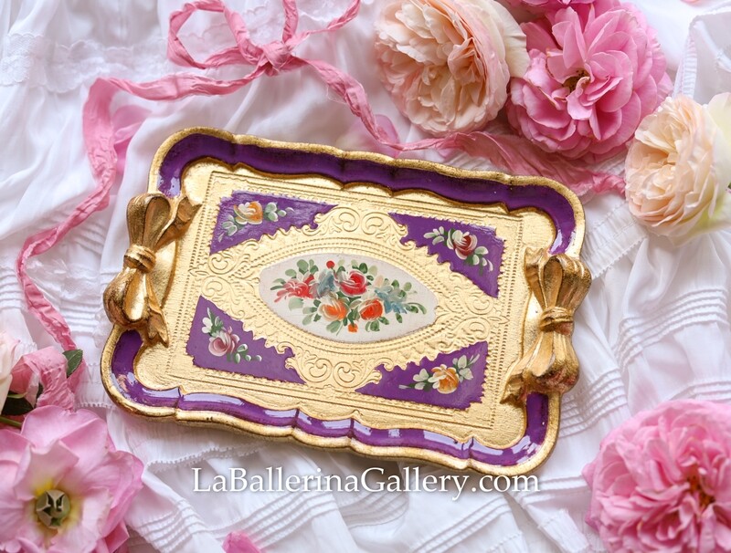 Florentine tray gold  bow ribbon rectangle shabby chic baroque rococo wooden decorative tray