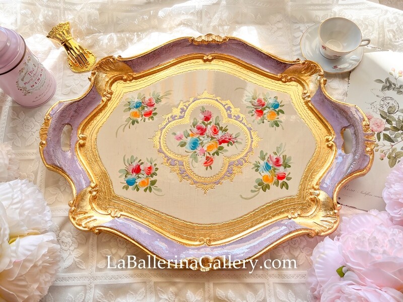 Florentine tray octagon large lilac gold shabby chic baroque rococo wooden decorative tray tea board