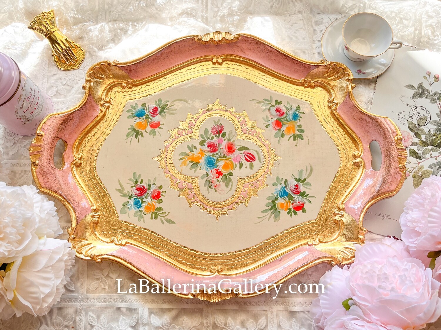 Florentine tray octagon large pink gold shabby chic baroque rococo wooden decorative tray tea board