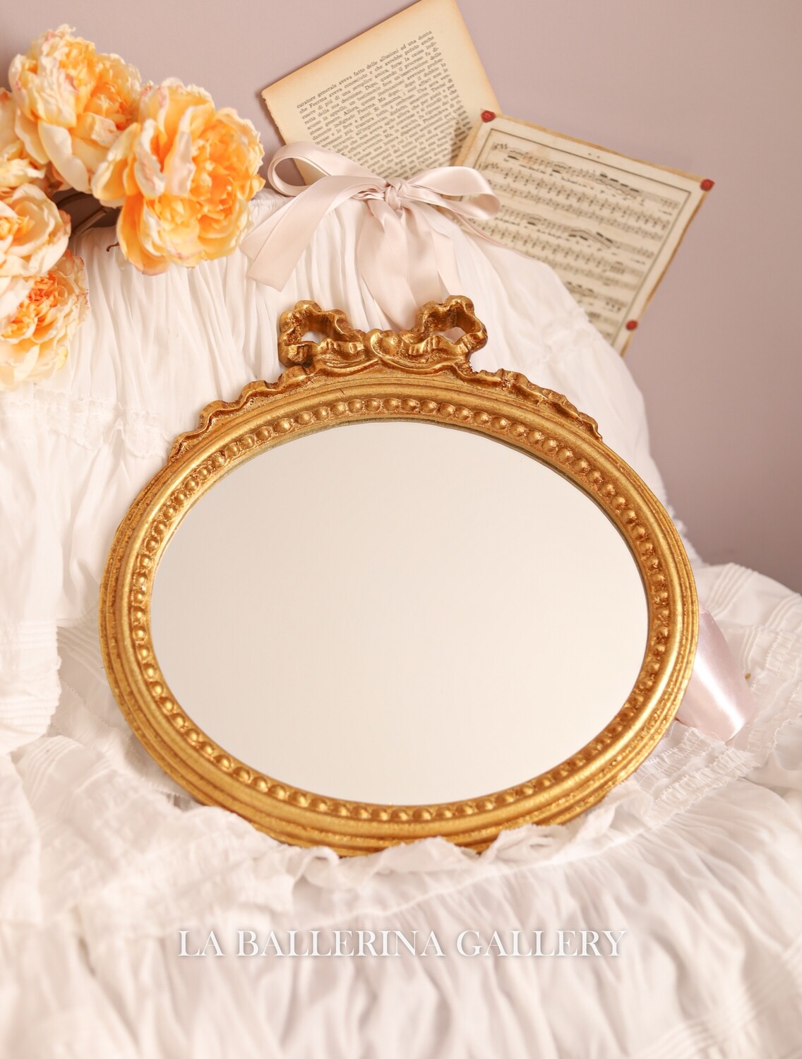 Made to order Florentine gold wood mirror frame floral oval ribbon bow