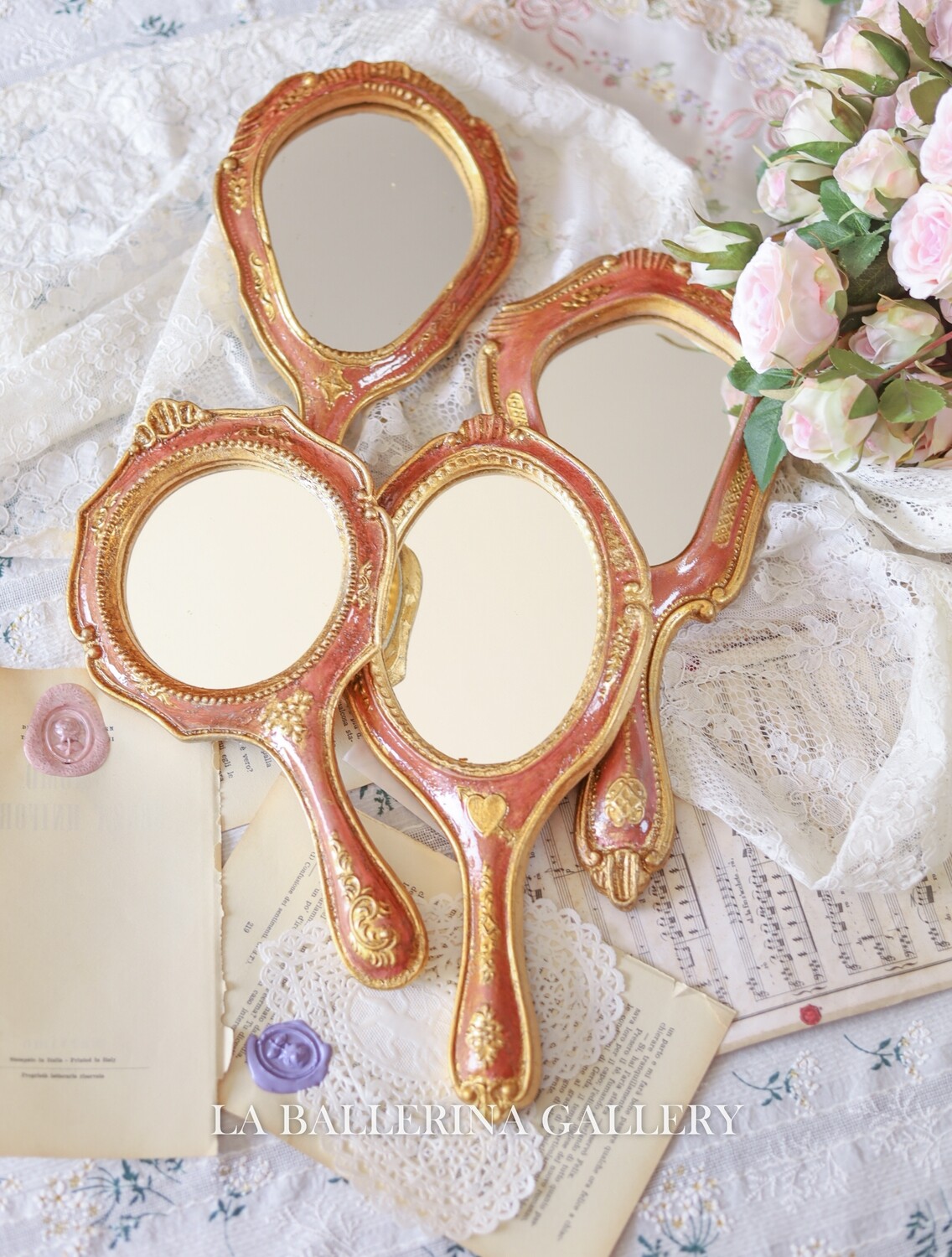 Italian Florentine wooden hand mirror handpainted rose wood gold baroque rococo Vintage victorian Marie Antoinette Lolita pink