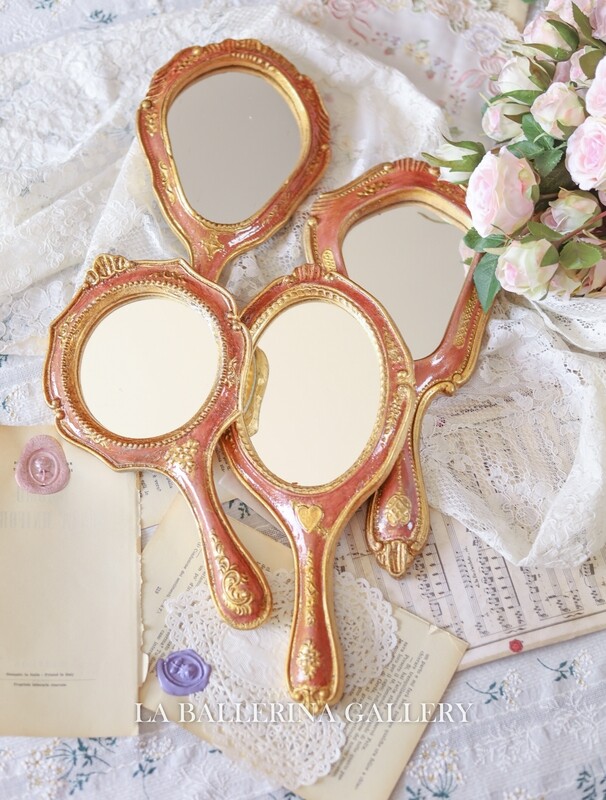 Italian Florentine wooden hand mirror handpainted rose wood gold baroque rococo Vintage victorian Marie Antoinette Lolita pink