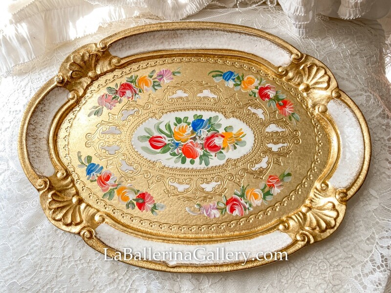 Florentine tray oval rose white lace