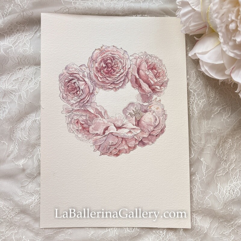 Original painting rose wreath by Artist Liu Yu watercolor on paper art collection wall decoration