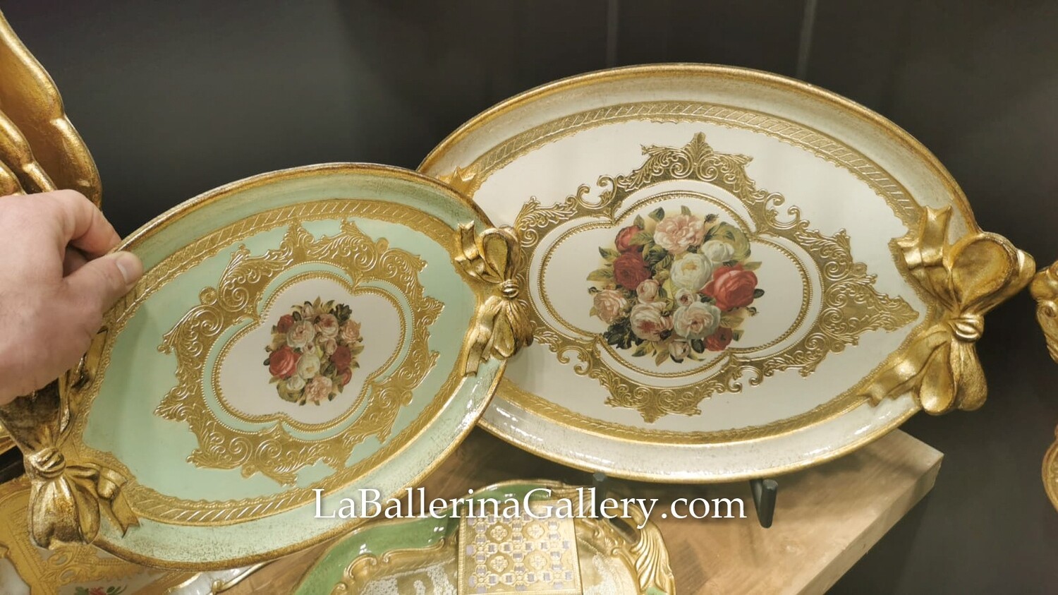 Made to order Florentine tray baroque oval bow large rose bouquet