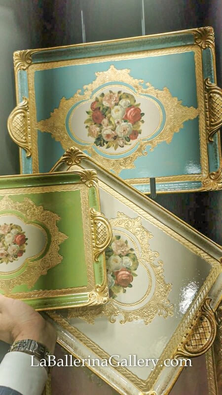 Made to order Florentine tray rose bouquet gold rectangle holder shabby chic rococo wooden decorative tray tea board