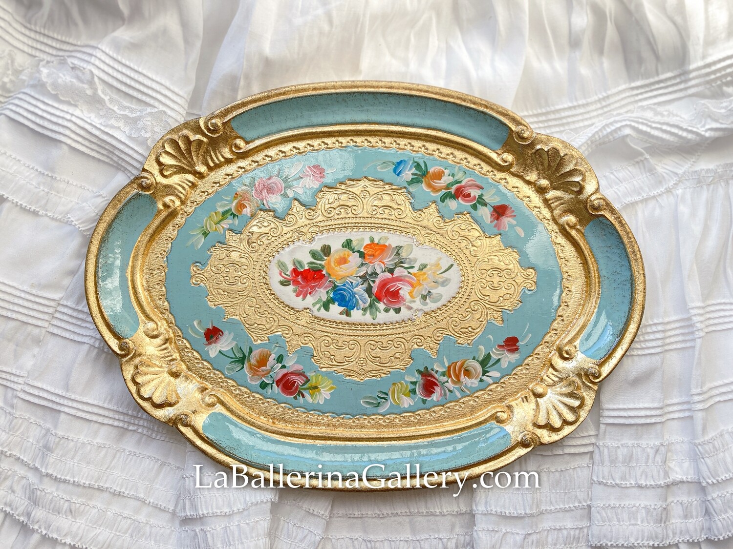 Florentine tray oval rose white lace