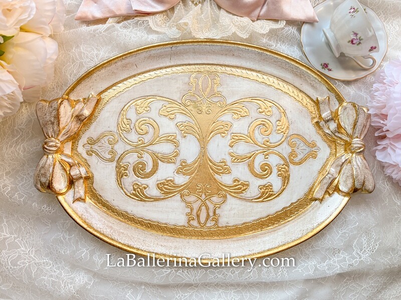 Florentine tray oval gold bow ribbon shabby chic baroque rococo wooden decorative tray tea board