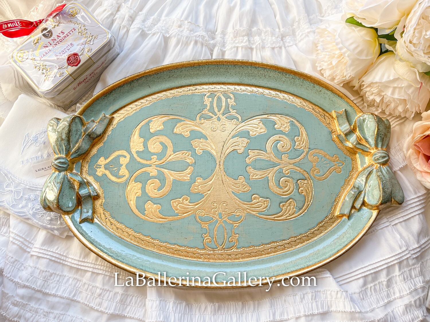 Florentine tray oval gold bow ribbon shabby chic baroque rococo wooden decorative tray tea board