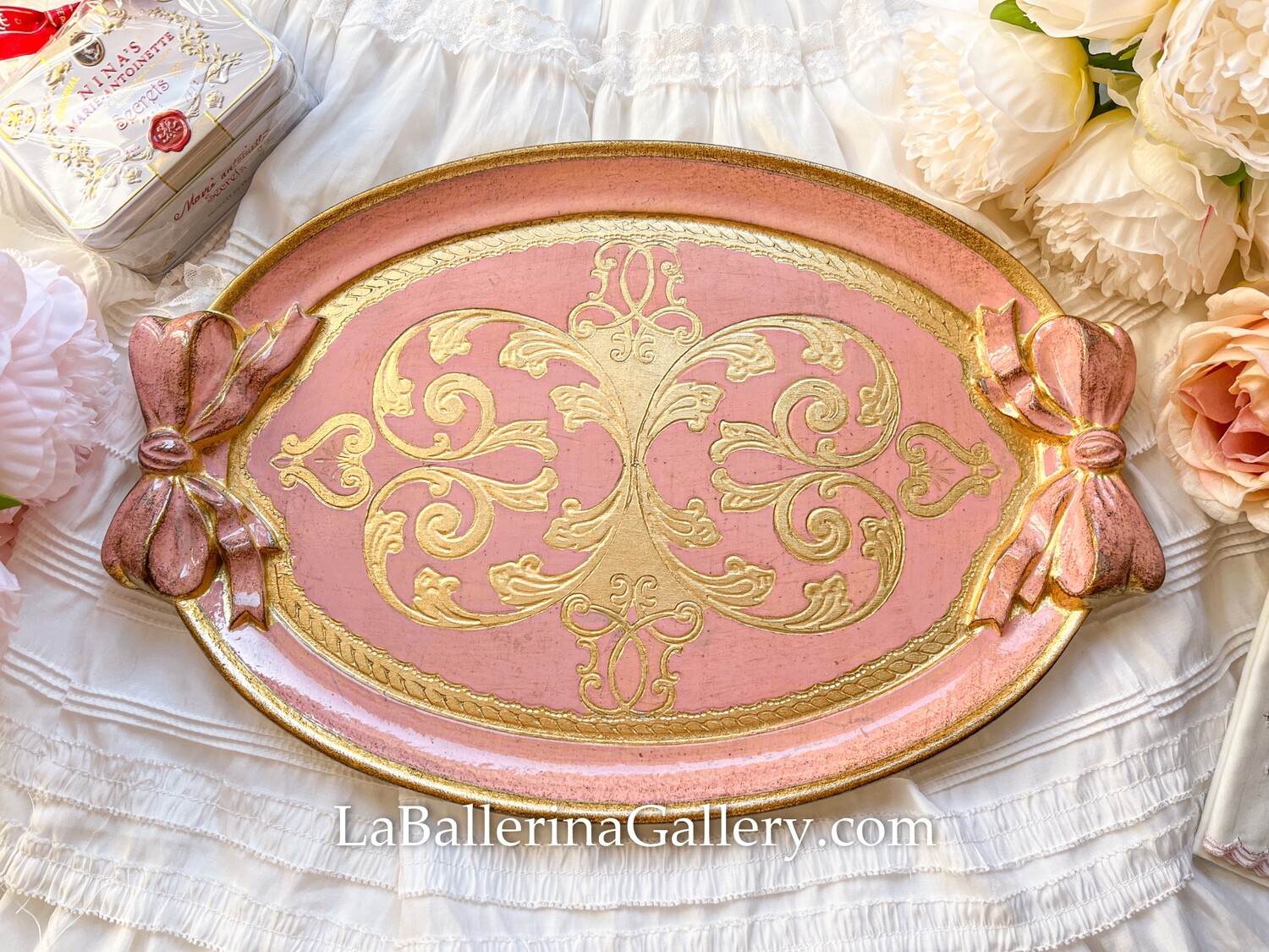 Florentine tray oval gold bow ribbon shabby chic baroque rococo wooden decorative tray tea board