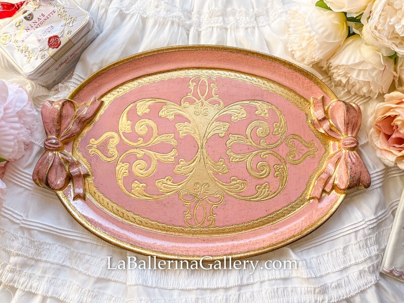 Florentine tray oval gold bow ribbon shabby chic baroque rococo wooden decorative tray tea board
