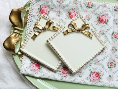 2 Florentine coasters square pearl 10cm white bow ribbon gold shabby chic