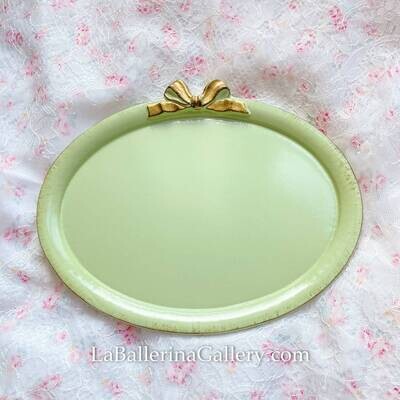 Florentine coaster tray green oval bow ribbon gold shabby chic