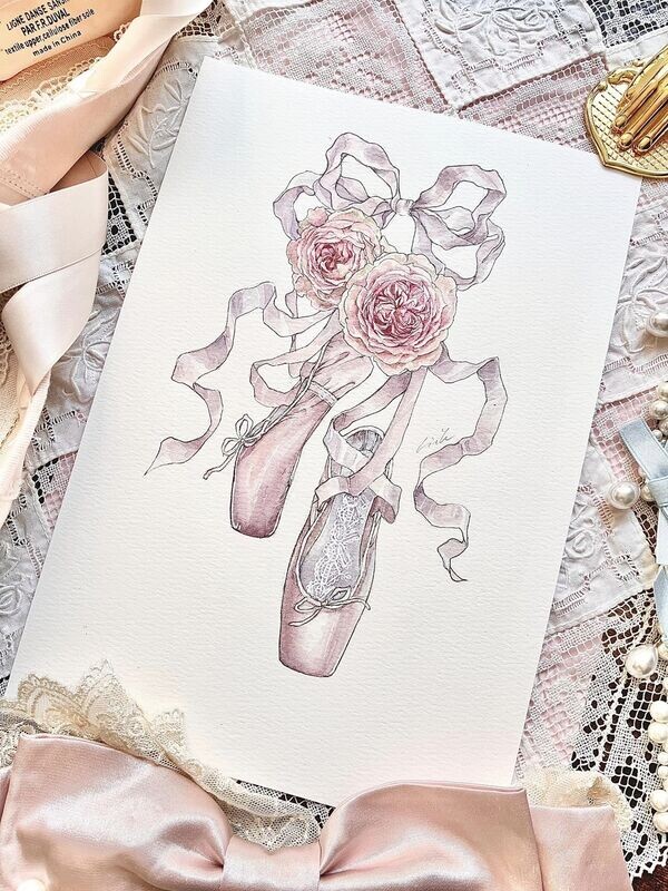Original painting Ballet shoes Rose by Artist Liu Yu watercolor on paper art collection wall decoration