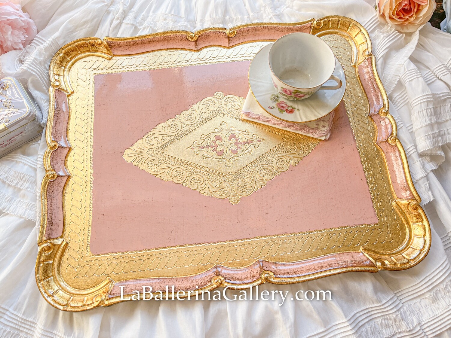 Florentine tray large pink gold rectangle shabby chic baroque rococo wooden decorative tray tea board