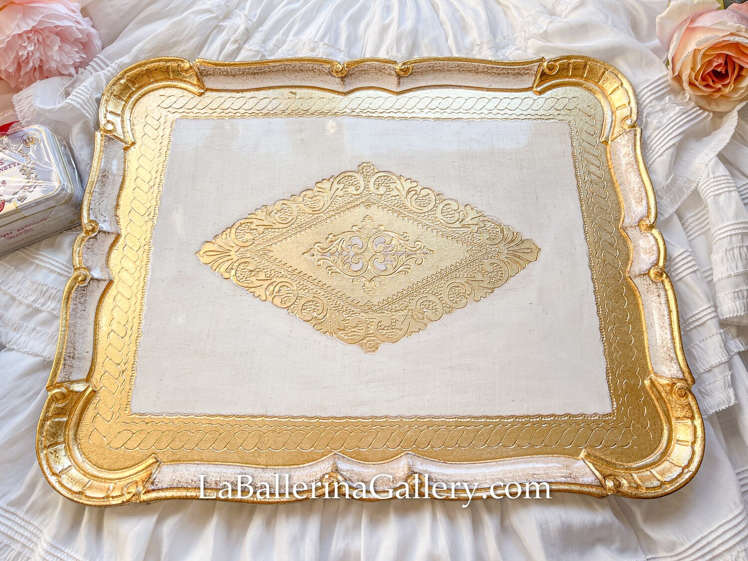 Florentine tray large white gold rectangle shabby chic baroque rococo wooden decorative tray tea board