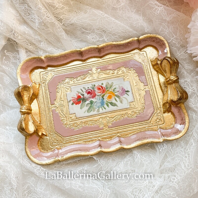 Florentine tray gold bow ribbon rectangle shabby chic baroque rococo wooden decorative tray