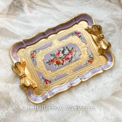 Florentine tray gold bow ribbon rectangle shabby chic baroque rococo wooden decorative tray