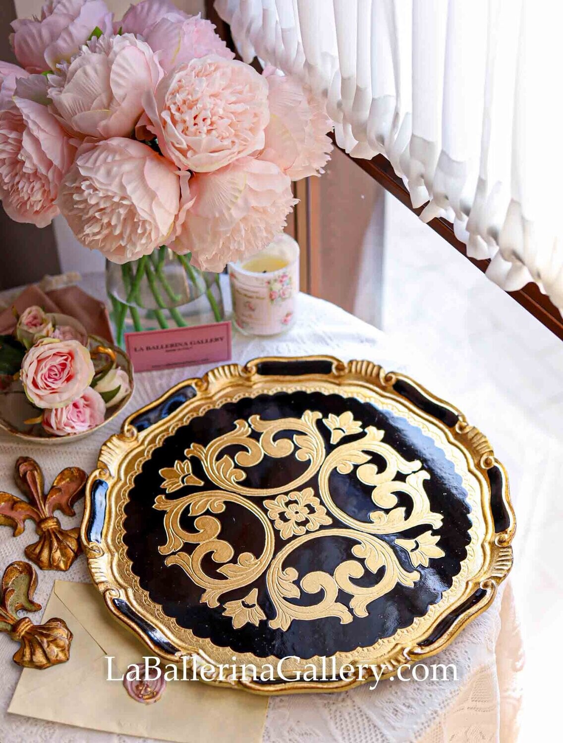 Florentine tray round gold 33cm baroque rococo decorative wooden tray tea boar