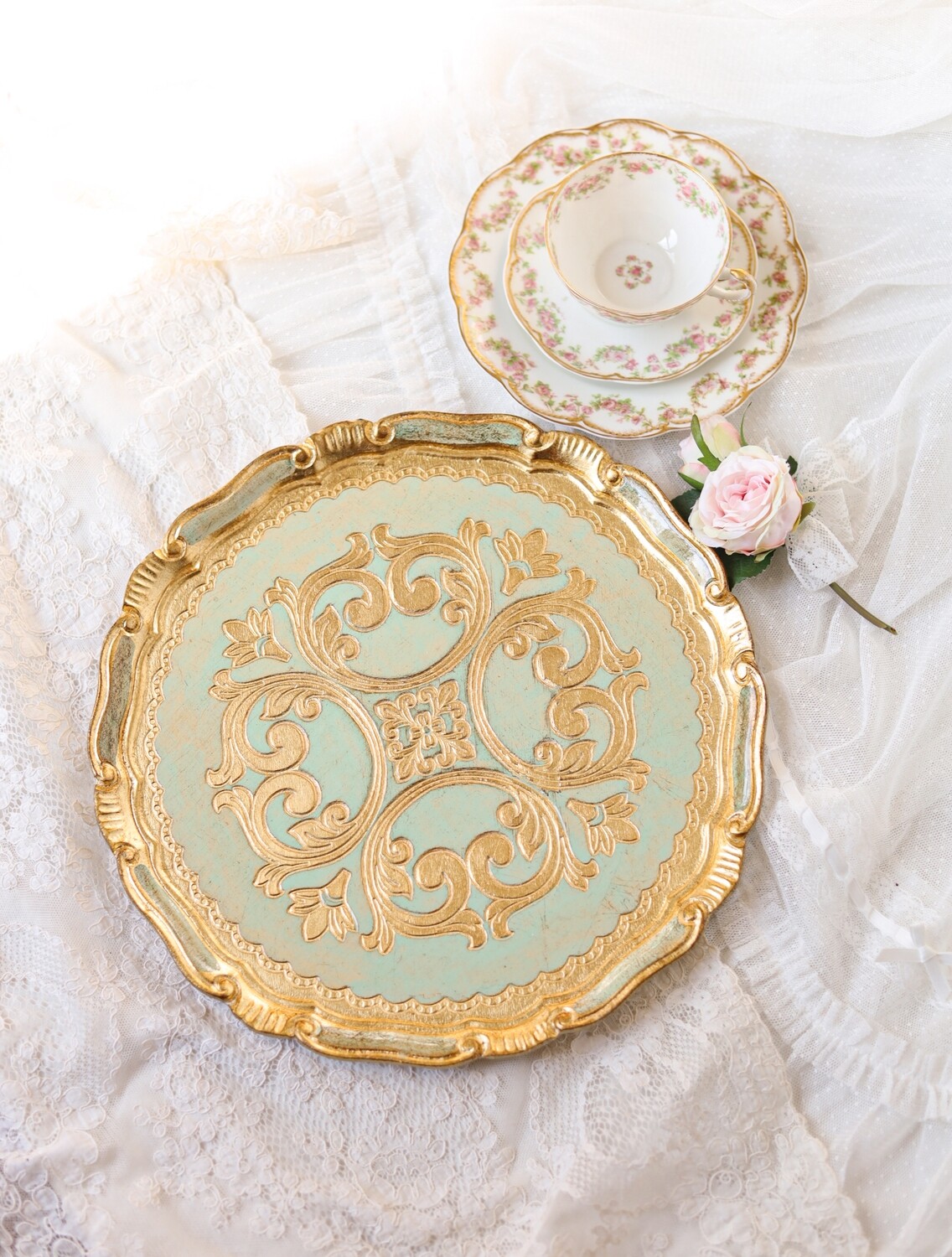 Florentine tray round gold 33cm baroque rococo decorative wooden tray tea boar