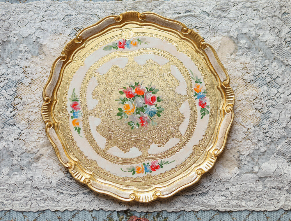 Florentine tray round gold 33cm handpainted rose bouquet baroque rococo decorative wooden tray tea boar