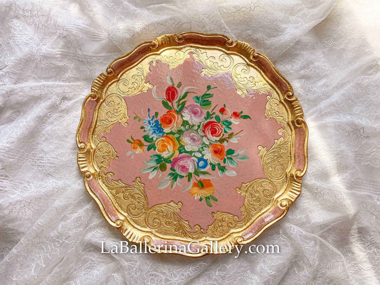 Florentine tray round gold 33cm handpainted rose bouquet baroque rococo decorative wooden tray tea boar