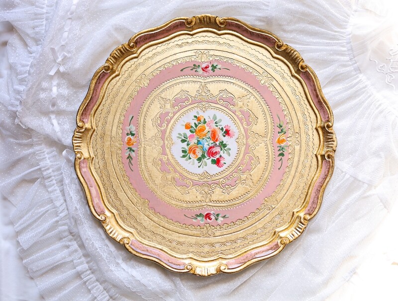 Florentine tray round gold 39cm handpainted rose bouquet baroque rococo decorative wooden tray tea boar