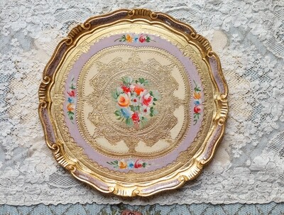Florentine tray round gold 33cm handpainted rose bouquet baroque rococo decorative wooden tray tea boar