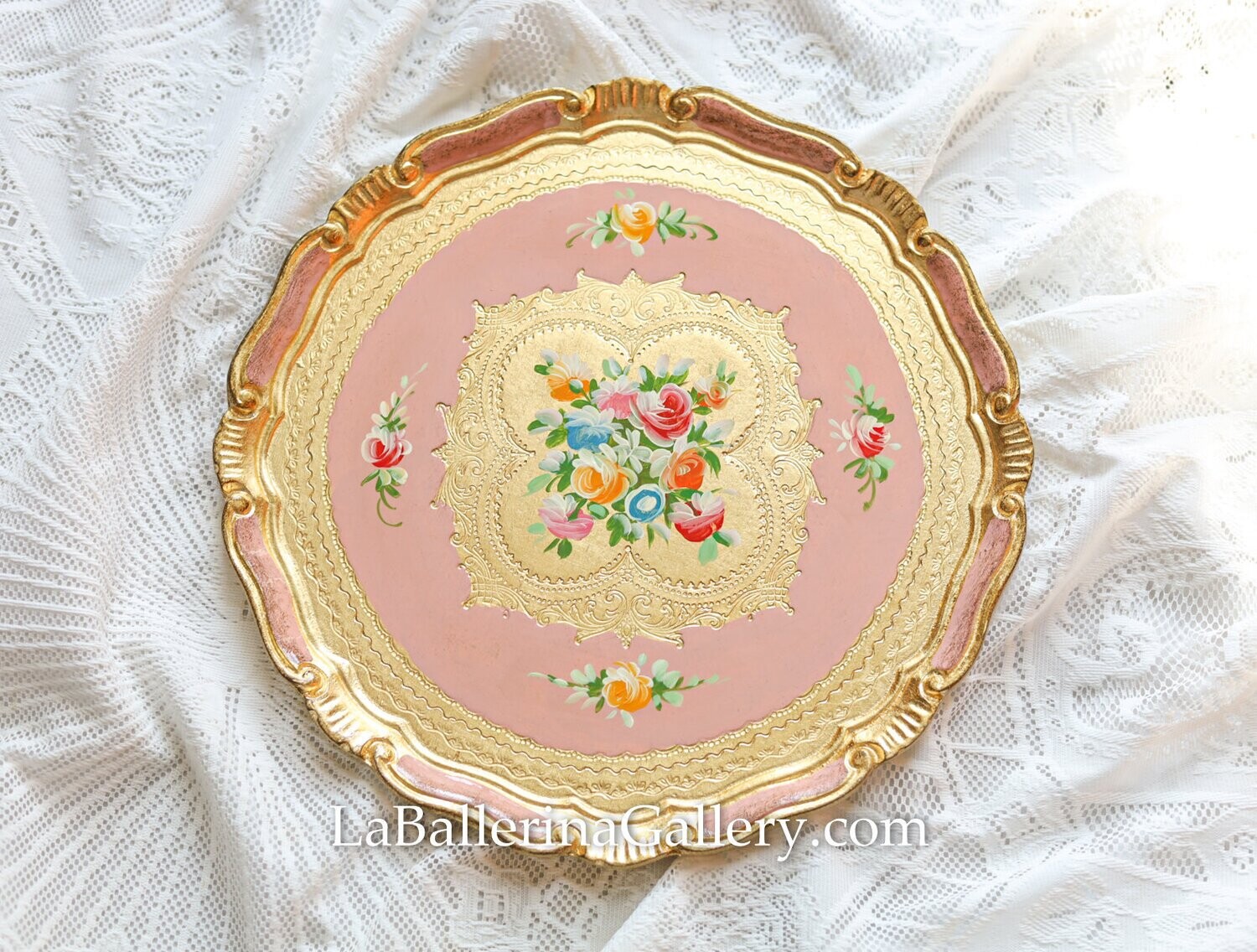 Florentine tray round gold 33cm handpainted rose bouquet baroque rococo decorative wooden tray tea boar