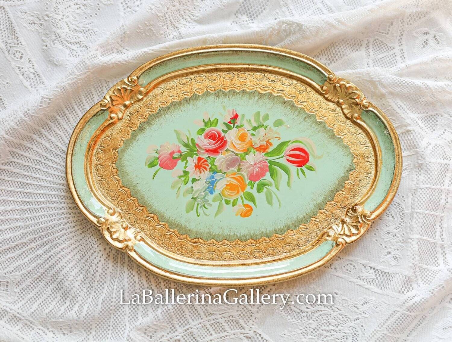 Florentine tray oval handpainted rose bouquet gold shabby chic baroque rococo wooden decorative tray tea board large