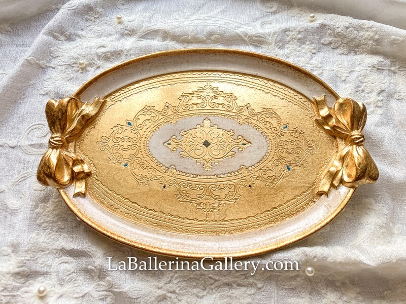 Florentine tray oval gold bow ribbon shabby chic baroque rococo wooden decorative tray tea board