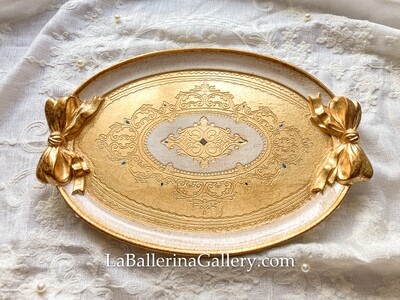Florentine tray oval gold bow ribbon shabby chic baroque rococo wooden decorative tray tea board