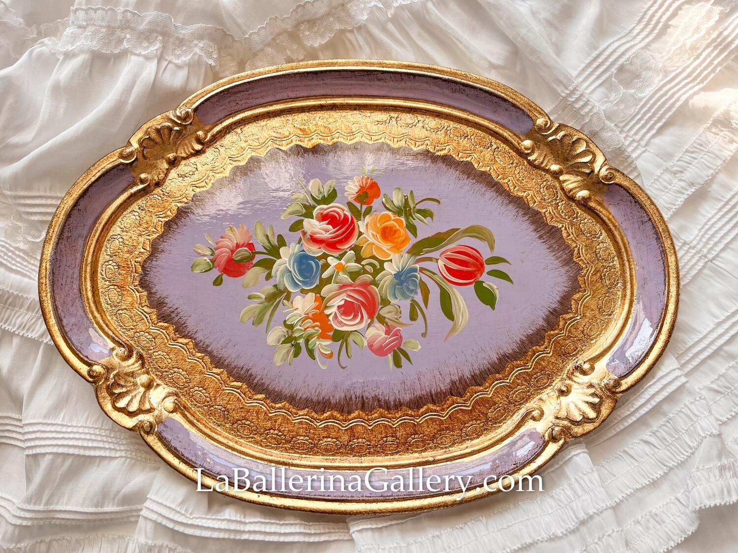 Florentine tray oval handpainted rose bouquet gold shabby chic baroque rococo wooden decorative tray tea board large