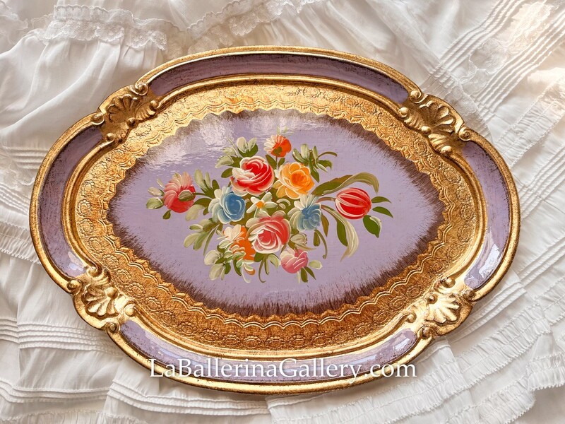 Florentine tray oval handpainted rose bouquet gold shabby chic baroque rococo wooden decorative tray tea board large