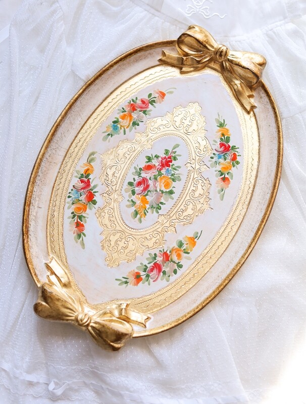 Florentine tray oval bow ribbon gold shabby chic baroque rococo wooden decorative tray tea board