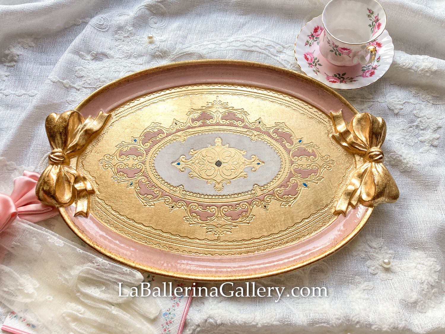 Florentine tray oval gold bow ribbon shabby chic baroque rococo wooden decorative tray tea board