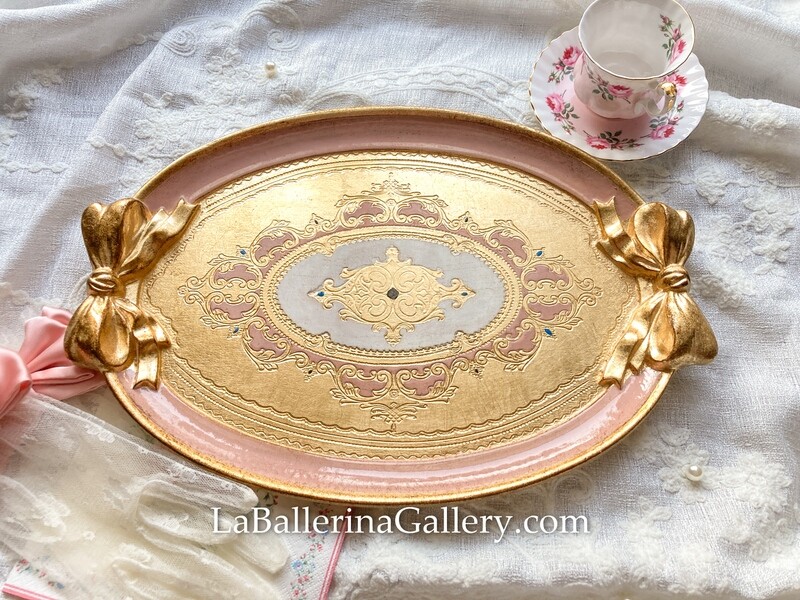 Florentine tray oval gold bow ribbon shabby chic baroque rococo wooden decorative tray tea board