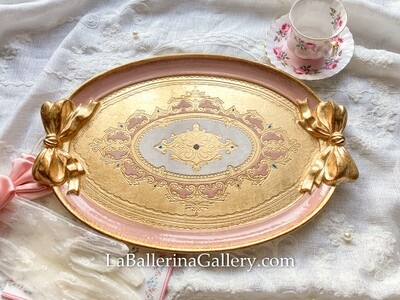 Florentine tray oval gold bow ribbon shabby chic baroque rococo wooden decorative tray tea board