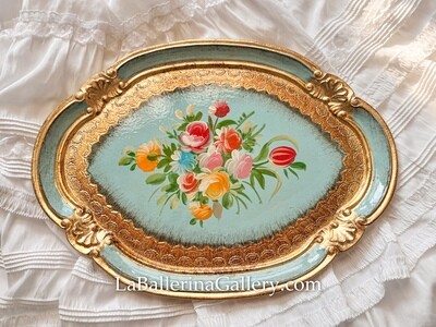Florentine tray oval handpainted rose bouquet gold shabby chic baroque rococo wooden decorative tray tea board large