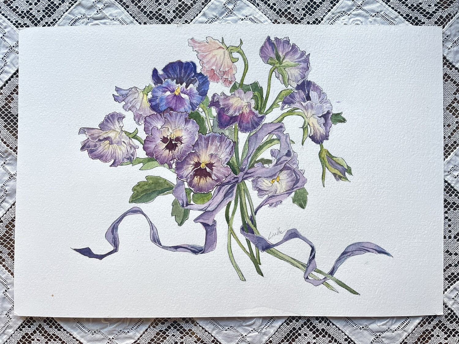 Original painting pansy bouquet by Artist Liu Yu watercolor on paper art collection wall decoration