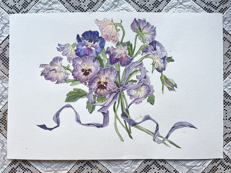 Original painting pansy bouquet by Artist Liu Yu watercolor on paper art collection wall decoration