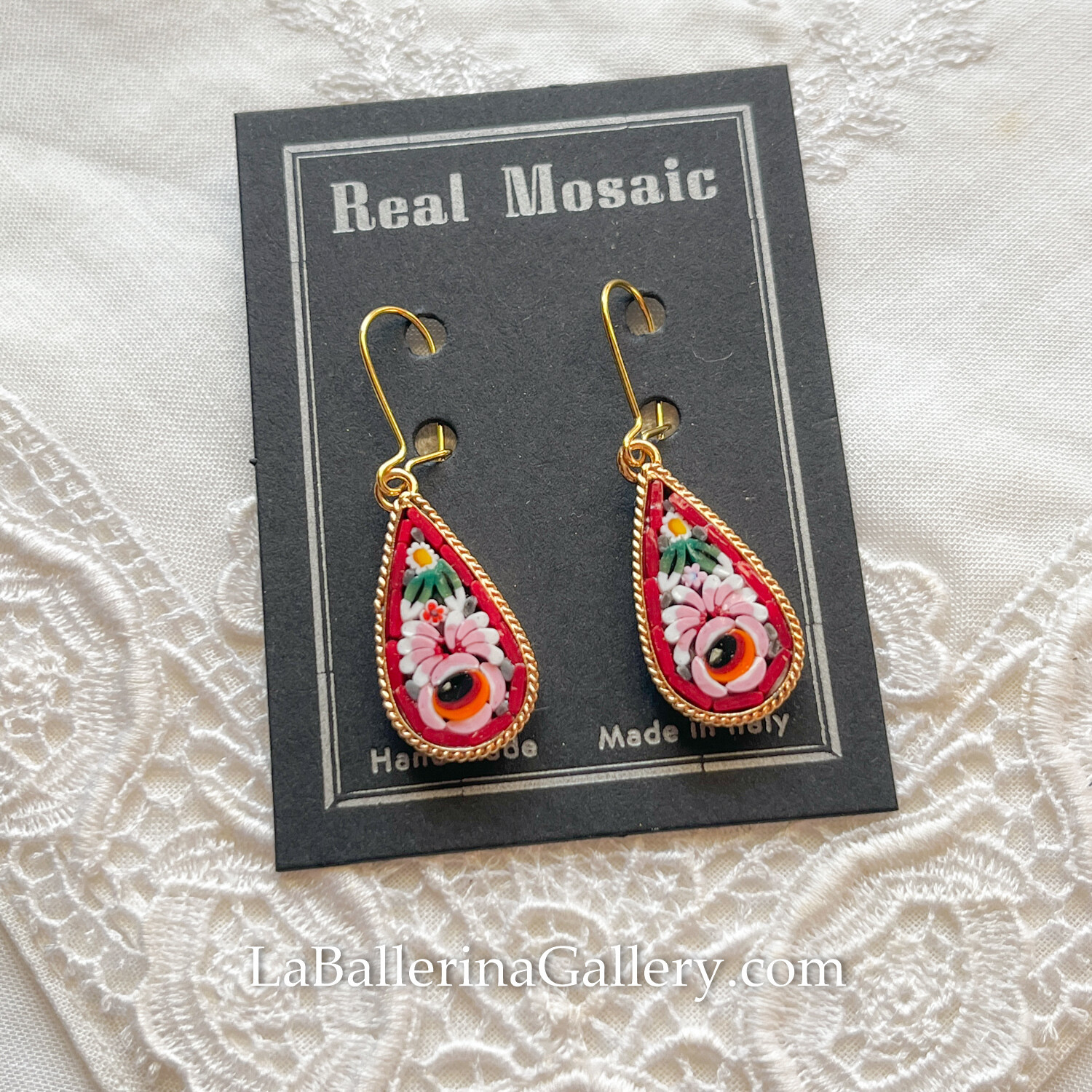 IN STOCK Florentine micromosaic jewelry earrings drop red rose