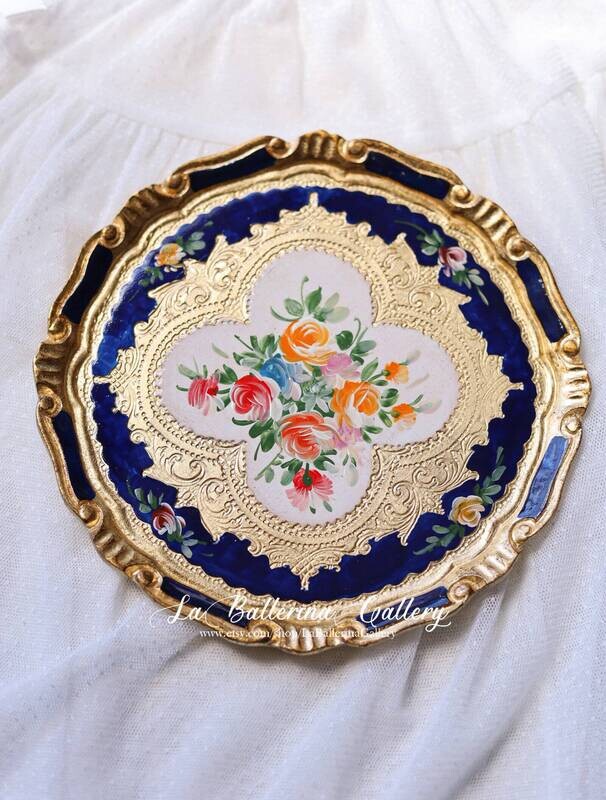 Florentine tray round gold handpainted rose bouquet baroque rococo decorative wooden tray
