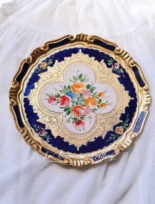 Florentine tray round gold handpainted rose bouquet baroque rococo decorative wooden tray