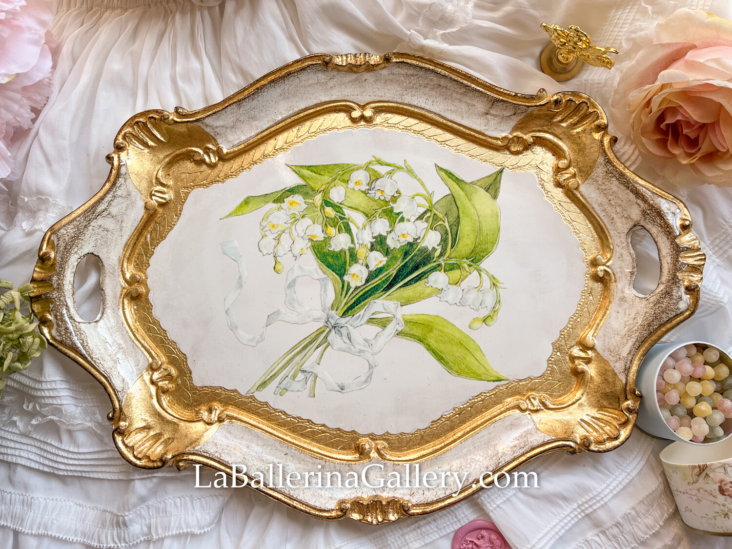 Florentine tray octagon lily if the valley print gold shabby chic baroque rococo wooden decorative tray tea board